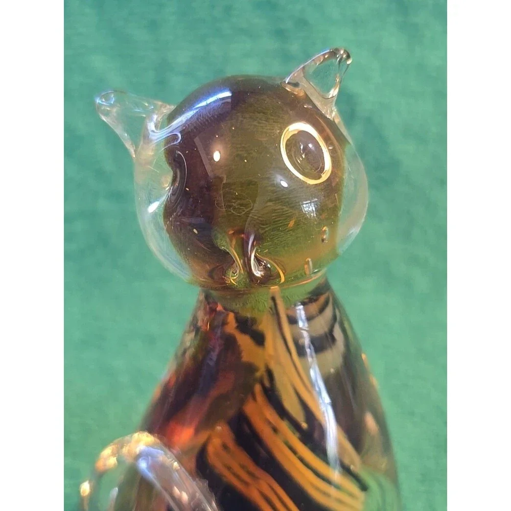 Murano Style Glass Cat Paperweight Amber w/ Blue White Swirl - Picture 6 of 7